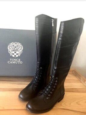 Vince Camuto Kari Tall Leather Boots Black Two‑Tone Calf Zip Size 7.5M NIB